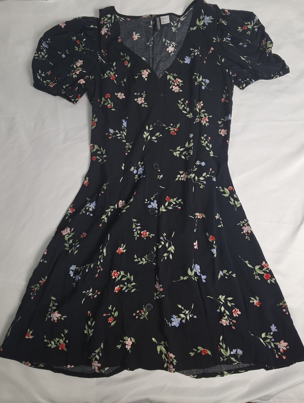 Cottage Core Puff Sleeve H&M Black Mini Dress with Multicolor Floral Print